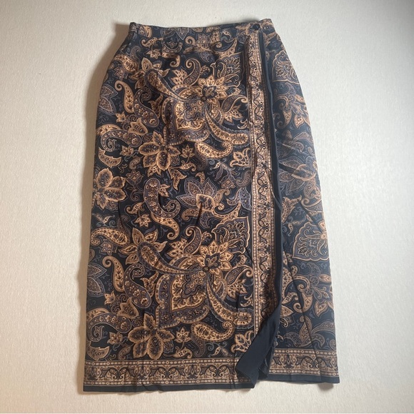 Vintage Talbots 100% Silk Paisley Wrap Midi Skirt in Brown and Blue-Black, 10P - Picture 1 of 7